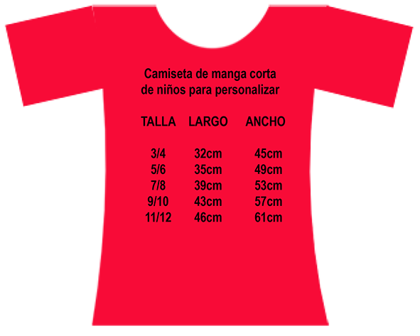 tallas de camiseta de manga corta infantil para niños para personalizar
